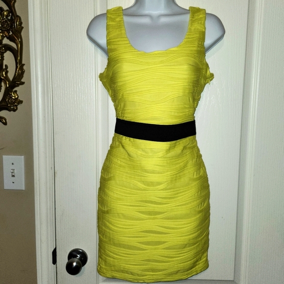 Forever 21 Dresses & Skirts - FOREVER21 Florescent yellow bodycon dress with black waist detail in size MED
